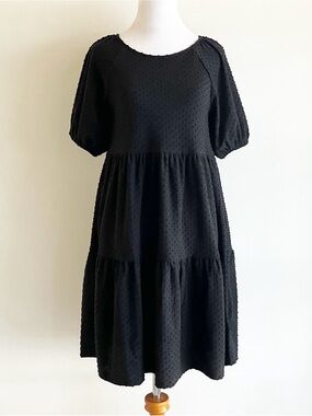 J Crew Factory Puff Sleeve Clip Dot Dress Womens Sz XXS Black Tiered Whimsigoth
